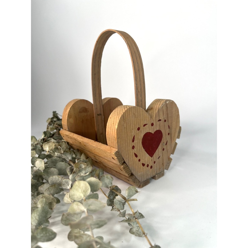 Slatted Decorative Wooden Basket with Handle Heart Shape Ends Cottagecore